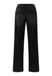 Schwarze weit geschnittene Jeans mit hoher Taille, ausgestattet mit zwei Hintertaschen und einem schlichten Finish. Hergestellt aus weichem Denim-Stoff mit minimaler Textur.