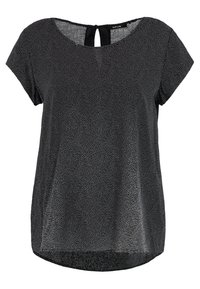 Czarny top z krótkimi rękawami, miękka faktura, wzór w kropki, okrągły dekolt i wycięcie na plecach. Lekko zaokrąglony dół.