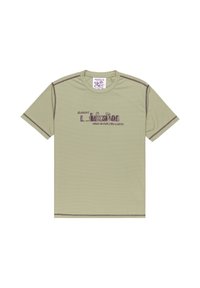 Light olive green short-sleeve T-shirt with a ribbed texture, featuring purple graphic text and stitching accents. Round neckline.