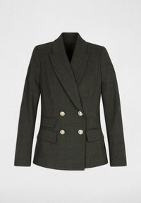 Blazer doppiopetto in tessuto tartan verde scuro, con bottoni dorati, revers a punta e due tasche frontali. Vestibilità sartoriale con maniche lunghe.