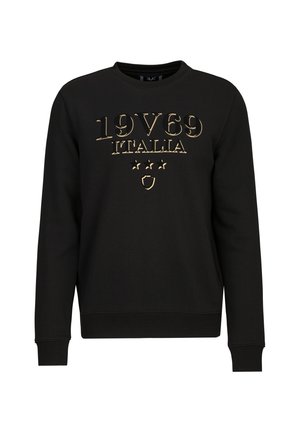Schwarzer Sweatshirt mit goldfarbener, geprägter Aufschrift "19V69 ITALIA", Sternen und Wappendesign. Klassischer Rundhalsausschnitt und gerippte Bündchen. Weiches Material.