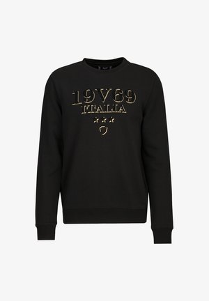 Schwarzer Sweatshirt mit goldfarbener, geprägter Aufschrift "19V69 ITALIA", Sternen und Wappendesign. Klassischer Rundhalsausschnitt und gerippte Bündchen. Weiches Material.