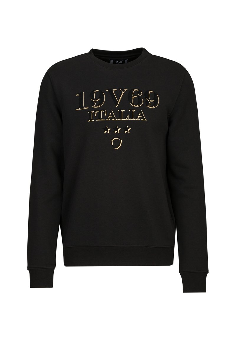 Zwarte sweatshirt met gouden reliëfprint met "19V69 ITALIA," sterren en schildontwerp. Klassieke ronde hals en ribgebreide manchetten. Zachte textuur.
