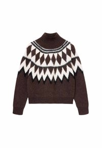 Maglione marrone a maglia con colletto alto. Presenta un motivo geometrico in bianco e nero, con una texture soffice e polsini e orlo a coste.