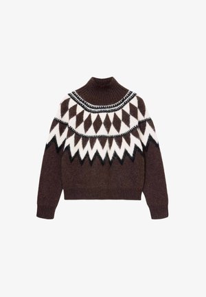 Ruskea neulepusero, jossa on korkea kaulus. Siinä on valkoisia ja mustia geometrisia kuvioita, pörröinen pinta sekä resorit hihansuissa ja helmassa.