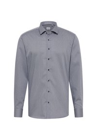 Camicia da uomo a maniche lunghe con bottoni, con un piccolo motivo circolare bianco su tessuto grigio scuro, colletto classico e bottoni neri sulla parte anteriore.