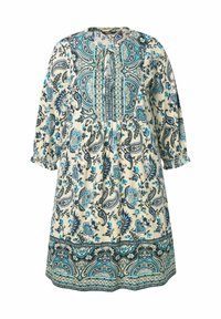 Vestido beige de manga larga con patrones florales y de paisley en azul y negro, escote redondo con lazo en la parte delantera y cintura fruncida.