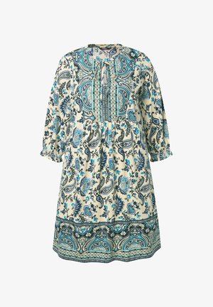 Langärmliges beiges Kleid mit blauen und schwarzen Blumen- und Paisleymustern, runder Ausschnitt mit vorderem Bindeband und geraffter Taille.