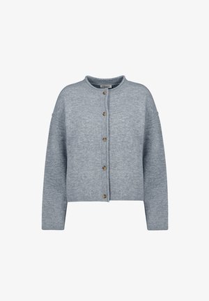 Gray knitted cardigan with a round neck, seven wooden buttons down the front, and dropped shoulders. Ribbed cuffs and hem. Soft texture.
