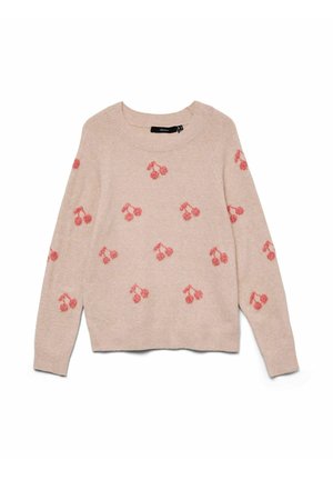 Lichtroze trui met een ronde hals, voorzien van geborduurde kersenmotieven in donkerder roze. Gemaakt van zacht, gestructureerd materiaal.