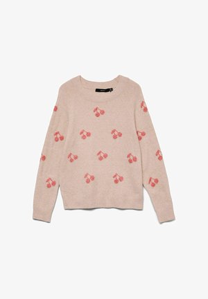 Jasnoróżowy sweter z okrągłym dekoltem, ozdobiony haftowanymi motywami wiśni w ciemniejszym odcieniu różu. Wykonany z miękkiego, teksturowanego materiału.