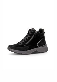 Zwarte hoge sneakers van suede met een gestructureerd ontwerp, voorzien van een ritssluiting, vetersluiting aan de voorkant en een rubberen zool.
