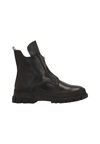 Black leather ankle boot with a smooth surface, round toe, and a chunky rubber sole. Features a side zipper and a pull tab at the back.