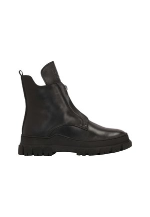 Black leather ankle boot with a smooth surface, round toe, and a chunky rubber sole. Features a side zipper and a pull tab at the back.