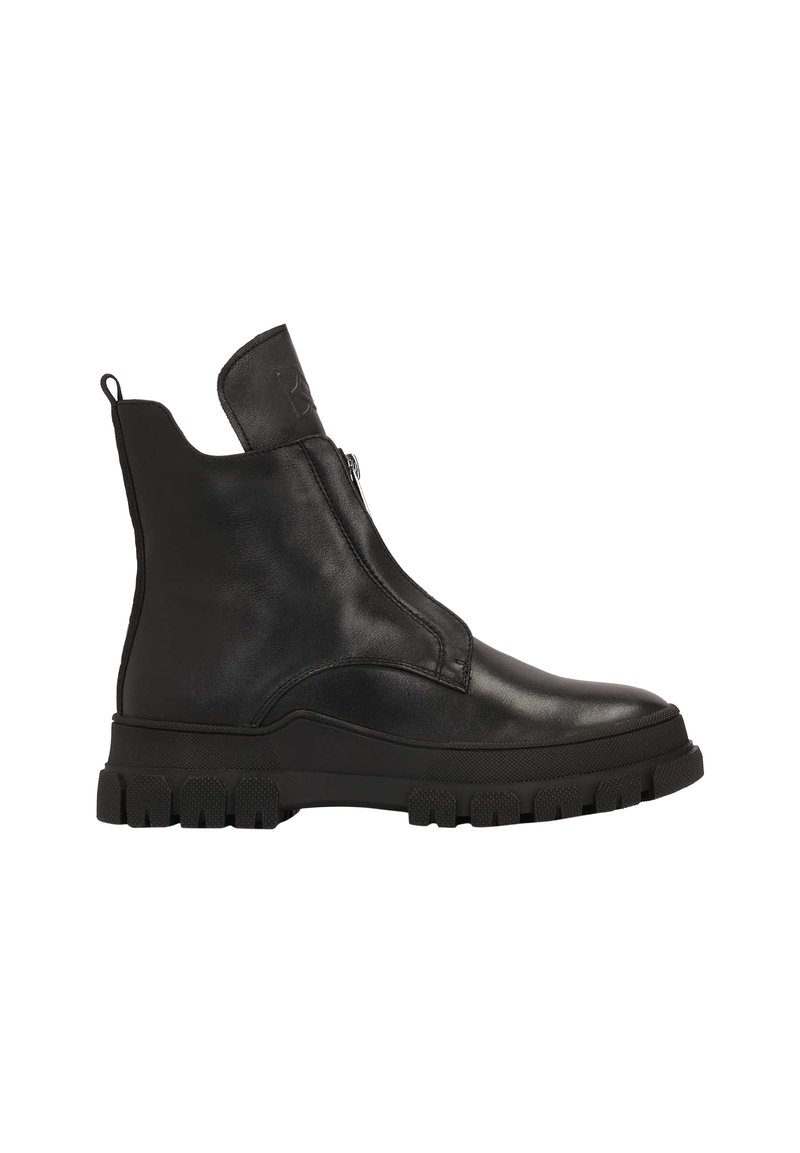 Black leather ankle boot with a smooth surface, round toe, and a chunky rubber sole. Features a side zipper and a pull tab at the back.