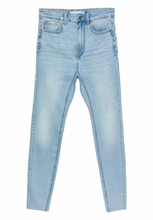 Jean slim fit bleu clair en denim avec bouton à l'avant, fermeture éclair et design à cinq poches, étiquette de taille 38 à la taille.