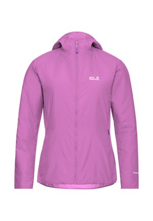 Paarse lichte jas gemaakt van stof met een gladde textuur, voorzien van een ritssluiting aan de voorkant, een capuchon en zijzakken. Logo op de borst.