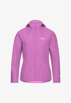 Paarse lichte jas gemaakt van stof met een gladde textuur, voorzien van een ritssluiting aan de voorkant, een capuchon en zijzakken. Logo op de borst.