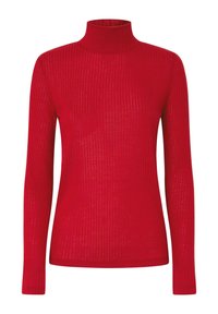 Suéter de cuello alto rojo con canalé, de mangas largas, diseño ajustado y textura suave. La tela presenta rayas verticales para un detalle adicional.