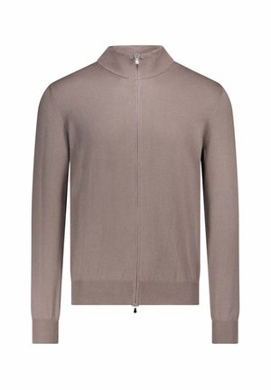 Cardigan zippé marron clair avec un col montant, des poignets et un ourlet côtelés. Texture lisse avec un design minimaliste et des détails de couture sur les côtés.