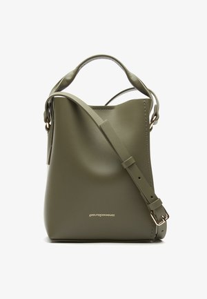 Khaki green bucket bag made of smooth leather, featuring a structured design, a short handle, and a detachable long strap. Gold-tone hardware accents.