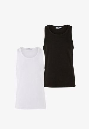 Dos camisetas sin mangas, una blanca y una negra, hechas de algodón suave. Tienen escote redondeado y no presentan patrones ni adornos visibles.