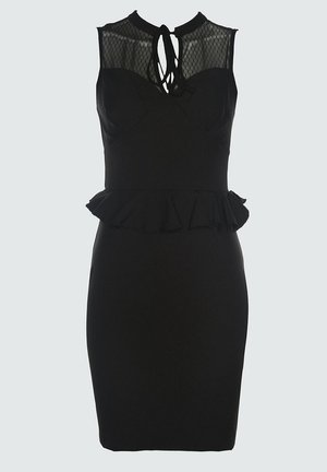Robe ajustée noire sans manches avec un haut en maille sur la poitrine, un col en cœur, un détail noué et un volant peplum à la taille.