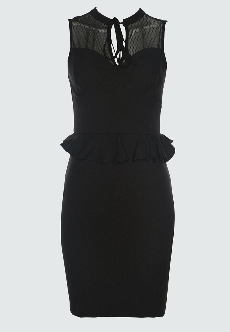Robe ajustée noire sans manches avec un haut en maille sur la poitrine, un col en cœur, un détail noué et un volant peplum à la taille.