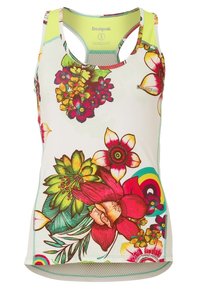 Kukkapainettu urheilutankkitoppi, jossa on kirkkaat värit, istuva malli ja racerback-tyyli. Valmistettu kevyestä, hengittävästä kankaasta.