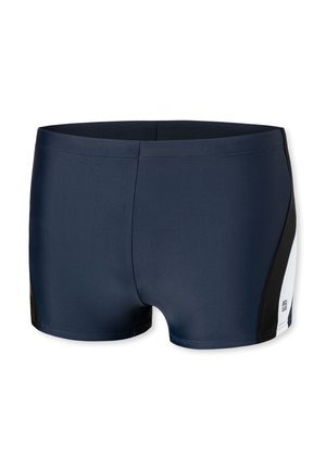 Simshorts i marinblått med svarta sidodetaljer. Har en slät yta, nära passform och en liten logotyp på den vita panelen.