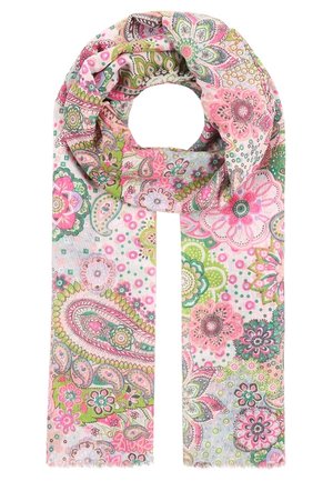 Écharpe rose clair avec des motifs floraux et cachemire complexes en vert, rose et blanc, montrée en boucle avec les extrémités pendantes droites.