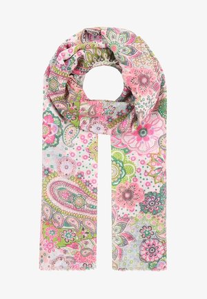Écharpe rose clair avec des motifs floraux et cachemire complexes en vert, rose et blanc, montrée en boucle avec les extrémités pendantes droites.