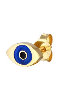 Boucles d'oreilles dorées en forme d'œil, présentant un cercle bleu avec un centre noir. Texture lisse avec une finition polie. Attache à tige sécurisée.