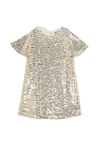 Robe en sequin avec un schéma de couleurs or et noir, manches courtes évasées et un col rond avec un détail en trou de serrure au dos.