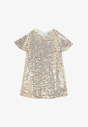 Pailletten Kleid mit einer gold-schwarzen Farbgebung, kurzen schwingenden Ärmeln und einem runden Halsauschnitt mit einem Schlüsselloch-Rücken-Detail.