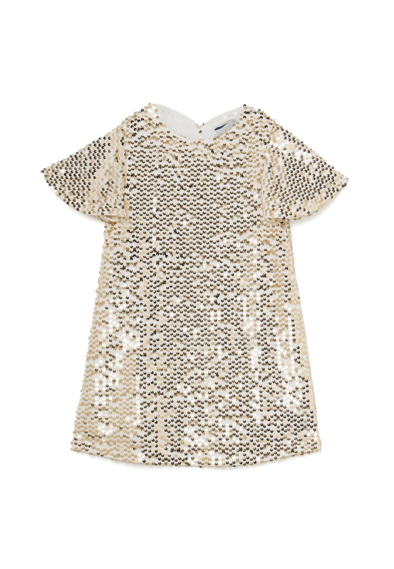 Robe en sequin avec un schéma de couleurs or et noir, manches courtes évasées et un col rond avec un détail en trou de serrure au dos.