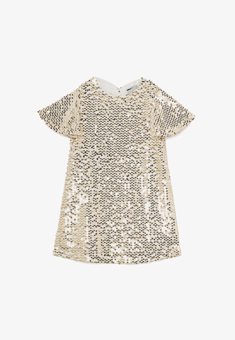 Pailletten Kleid mit einer gold-schwarzen Farbgebung, kurzen schwingenden Ärmeln und einem runden Halsauschnitt mit einem Schlüsselloch-Rücken-Detail.