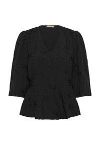 Schwarze bestickte Bluse mit V-Ausschnitt, gepufften Ärmeln und einem Saum mit Schößchen. Florale Muster und strukturierter Stoff verleihen dem Design Details.