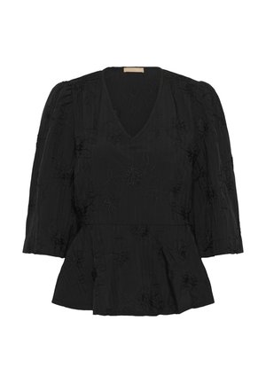 Bluză neagră brodată, cu decolteu în V, mâneci bufante și tiv cu peplum. Designul este detaliat cu modele florale și țesătură texturată.