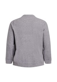 Szary polarowy sweter z długim rękawem i kołnierzem, pokazany od tyłu, prosty wzór i luźny krój.