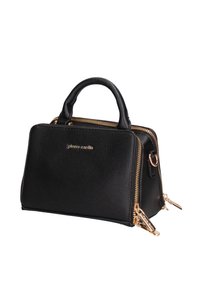 Borsa a mano in pelle nera con finitura testurizzata, hardware dorato, doppia chiusura con zip e manici corti; presenta il nome del marchio sul davanti.