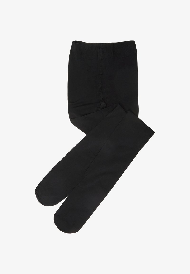 Schwarze Strumpfhosen aus weichem, dehnbarem Material mit glatter Oberfläche, ausgestattet mit einem hohen Bund und runder Zehenpartie.