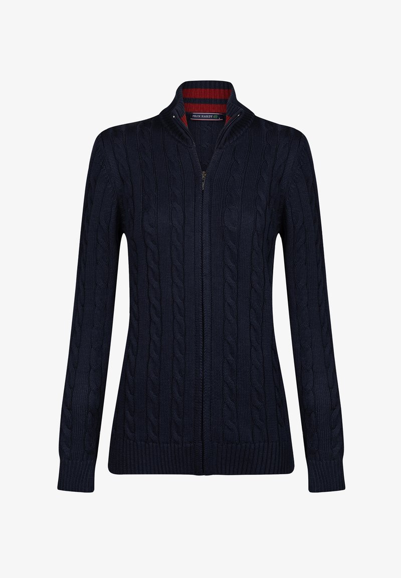 Navyfarbener Strick-Cardigan mit Reißverschluss und gerippten Bündchen. Verfügt über einen Stehkragen mit rot-navy gestreiften Akzenten. Weicher Stoff.