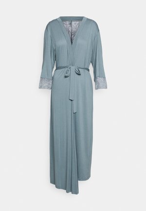 Long, light blue robe with a tie waist, V-neckline, and three-quarter sleeves. The sleeves feature a lace detail at the cuffs.