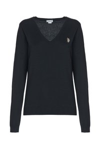 Maglione nero a maniche lunghe con scollo a V e un piccolo logo ricamato sul petto, con orlo e polsini a coste.