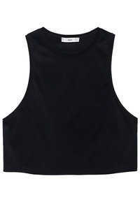 Top corto nero senza maniche realizzato in morbido cotone, con scollo tondo e bordi puliti, caratterizzato da un design semplice e minimalista.