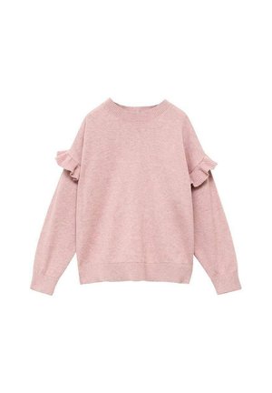 Pull rose clair avec un col rond et des manches longues. Présente des accents volantés sur les épaules ainsi que des poignets et un ourlet côtelés.