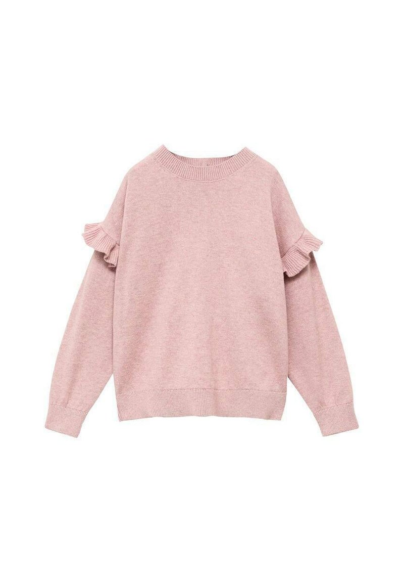 Světle růžový svetr s kulatým výstřihem a dlouhými rukávy. Obsahuje nabírané detaily na ramenech a žebrované manžety a spodní lem.