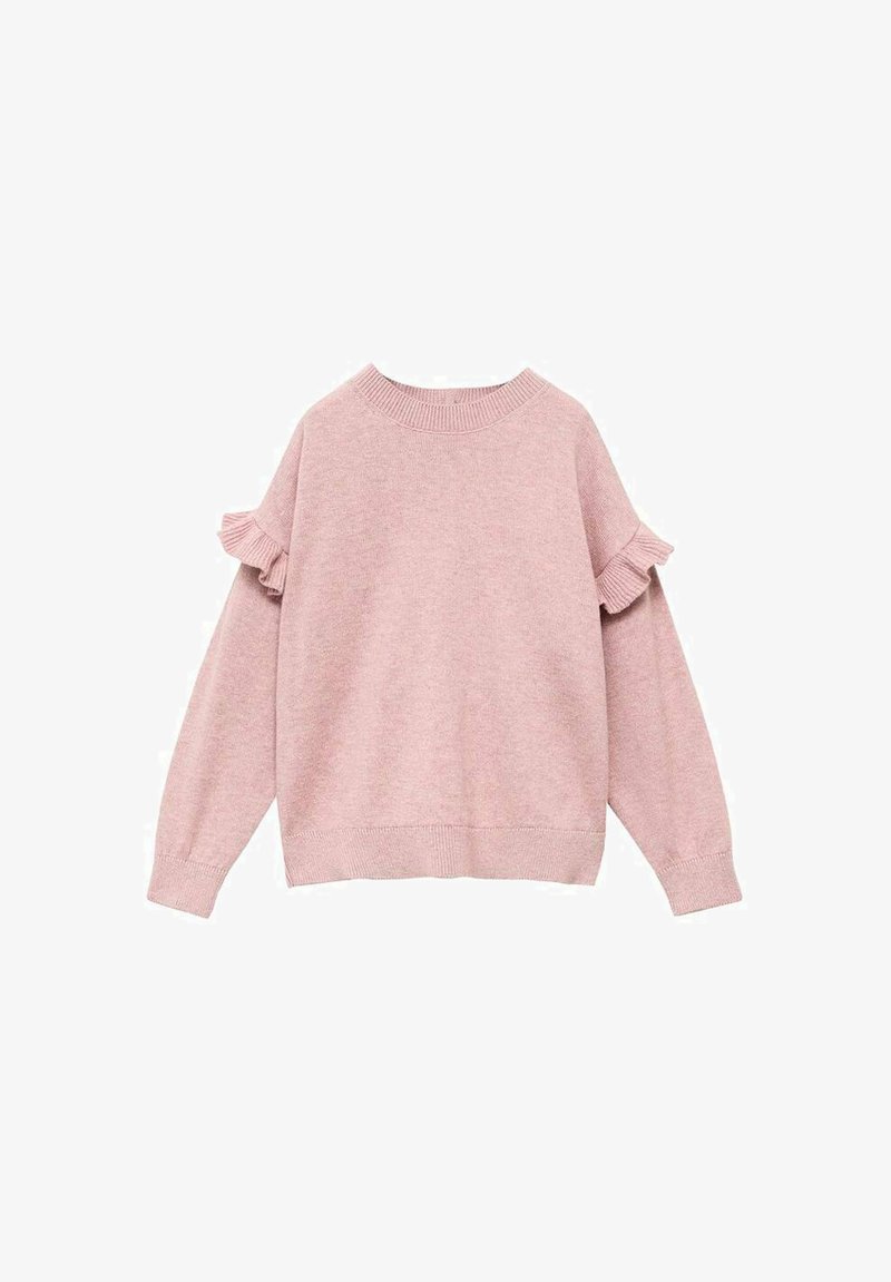 Pull rose clair avec un col rond et des manches longues. Présente des accents volantés sur les épaules ainsi que des poignets et un ourlet côtelés.
