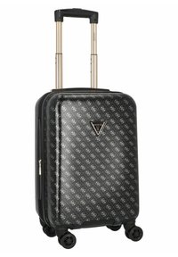 Hartschalen- schwarzer Koffer mit geometrischem Muster, ausziehbarem goldenen Griff, vier Rädern und einem dreieckigen Markenlogo auf der Vorderseite.